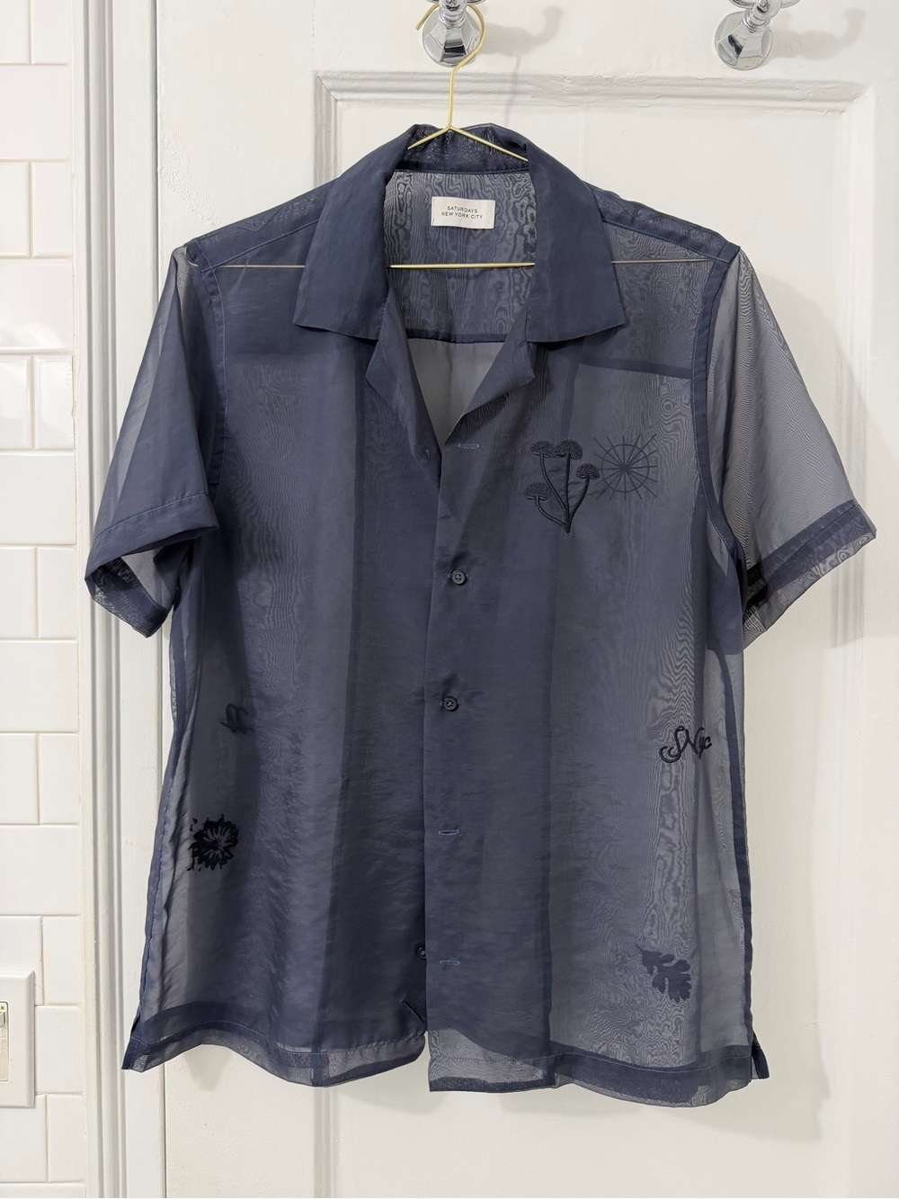 Saturdays NYC Canty Shirt Sheer Embroidered Short Sleeve